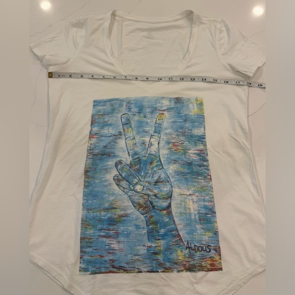 Lululemon short sleeve white t shirt with Aldous Collins art v neck local - Picture 3 of 6